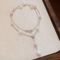 Delicate Floral Y Necklace with Pearl-Like Beads with Polished Metal Details view 2
