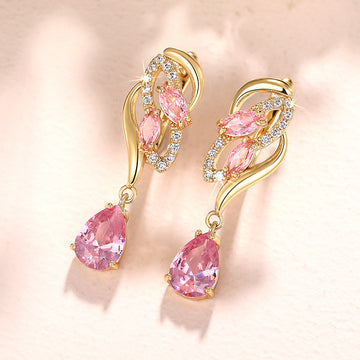 Gold Tone Pink Marquise Twist Teardrop Drop Earrings