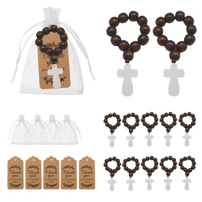 Brown wood bead cross bracelets with organza bags and tags
