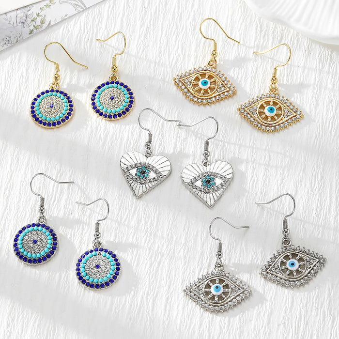 Rhinestone Evil Eye Round, Eye and Heart Drop Earrings in Five Designs