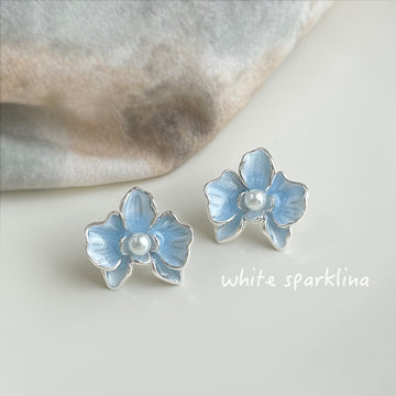 Light Blue Enamel Orchid Stud Earrings Pearl Centers Pair