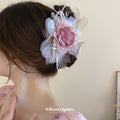 Pink Center Layered Flower Hair Claw With Gray White Petals And Feathers view 3