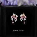 Gold Tone Pastel Enamel Iris Flower Clear Stone Stud Earrings view 1