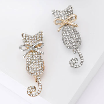 Crystal Cat Brooch with Bow in Gold or Silver Tone