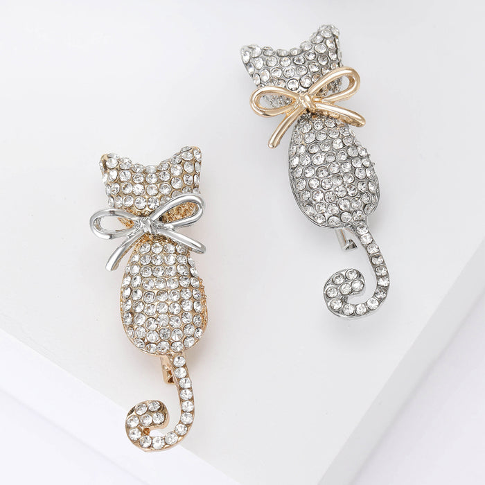 Crystal Cat Brooch with Bow in Gold or Silver Tone