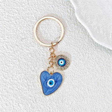 Blue Heart Evil Eye Keychain Gold Ring Rhinestone Charm