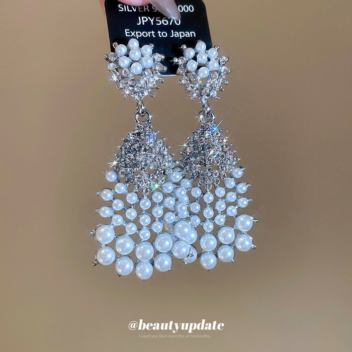 Crystal Chandelier Stud Earrings With Pearl Tassels