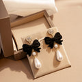 Black and Red Bow Pearl Look Long Dangle Stud Earrings view 4