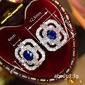 Blue Oval Double Square Halo Stud Earrings with Clear Stone Details view 4