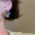 Multicolor Crystal Flower Stud Earrings With Polished Metal Tone Details view 4