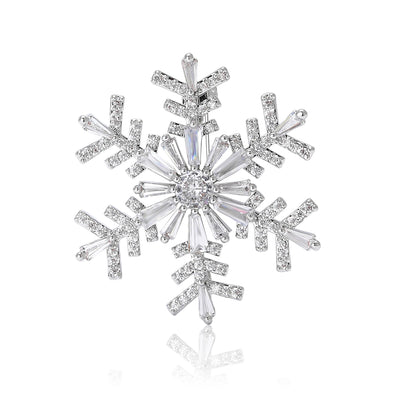 Clear crystal silver snowflake brooch front on white