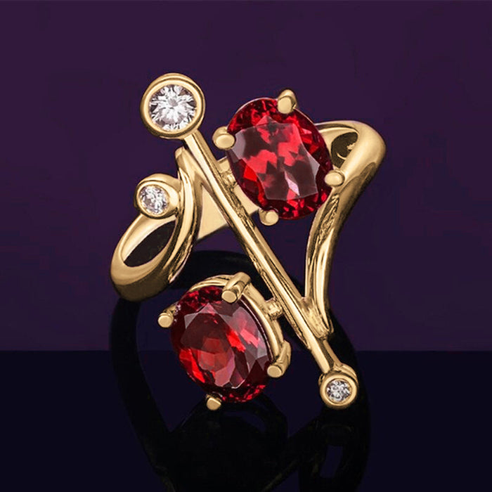 Gold Tone Branch Ring with Red and Clear Stones Polished Metal Jewelry