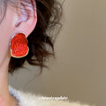 Red Irregular Enamel Statement Stud Earrings With Gold Tone Edges view 3