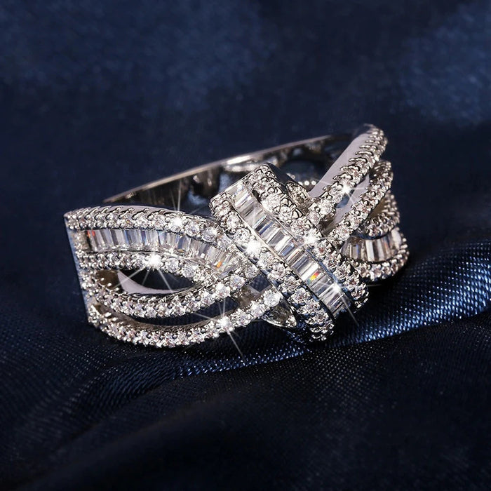 Baguette Bow Knot Wide Ring In Polished Silver Tone