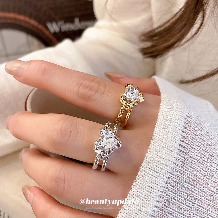 Heart Clear Crystal Open Rings Twisted Band Gold Silver