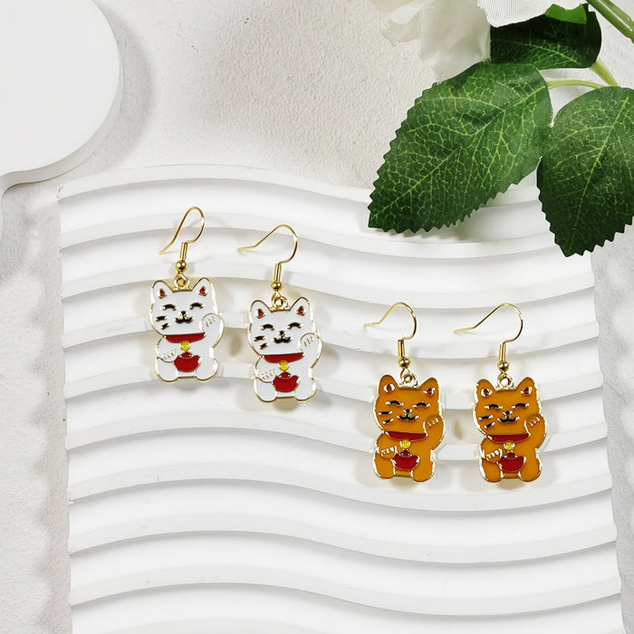 White or Yellow Lucky Cat Drop Earrings with Random Option