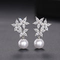 Clear Crystal Flower Pearl Drop Stud Earrings Polished Jewelry Accessory view 1