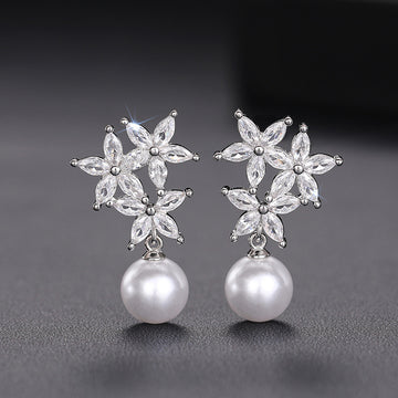 Clear Crystal Flower Pearl Drop Stud Earrings Polished Jewelry Accessory