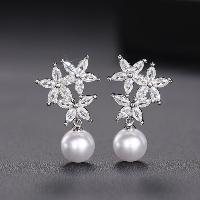Clear Crystal Flower Pearl Drop Stud Earrings Polished Jewelry Accessory