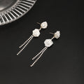 White Mesh Rose and Silver Tone Chain Tassel Earrings view 4