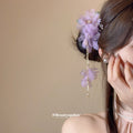 Purple Sheer Flower Duckbill Hair Clip With Green Leaf And Tassels view 1