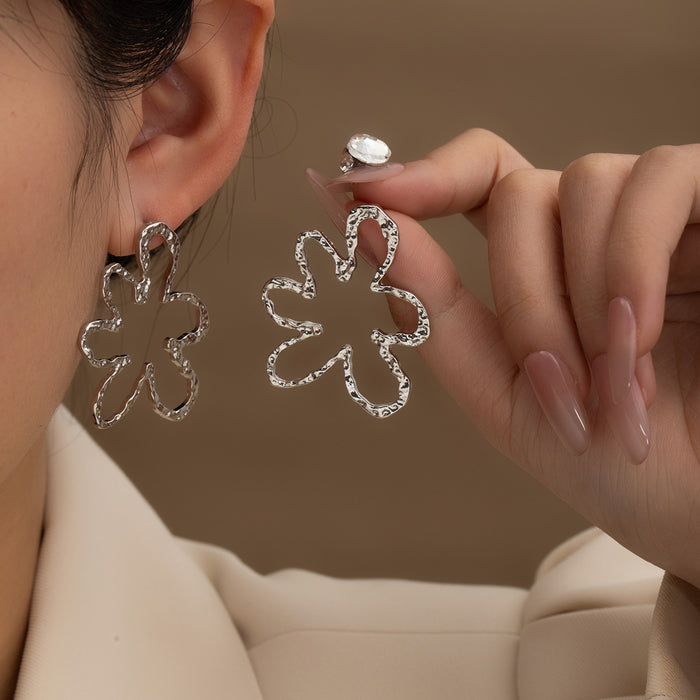 Silver Crystal Look Open Flower Statement Stud Earrings