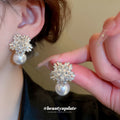 Crystal Flower Pearl Drop Stud Earrings For Women Jewelry view 2