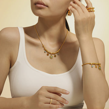 Gold Snake Chain Turquoise Disc Pendant Necklace Bracelet