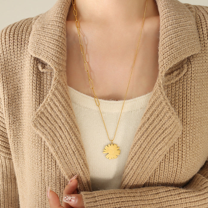 Daisy Flower Pendant Dual Chain Necklace Gold Steel Slider