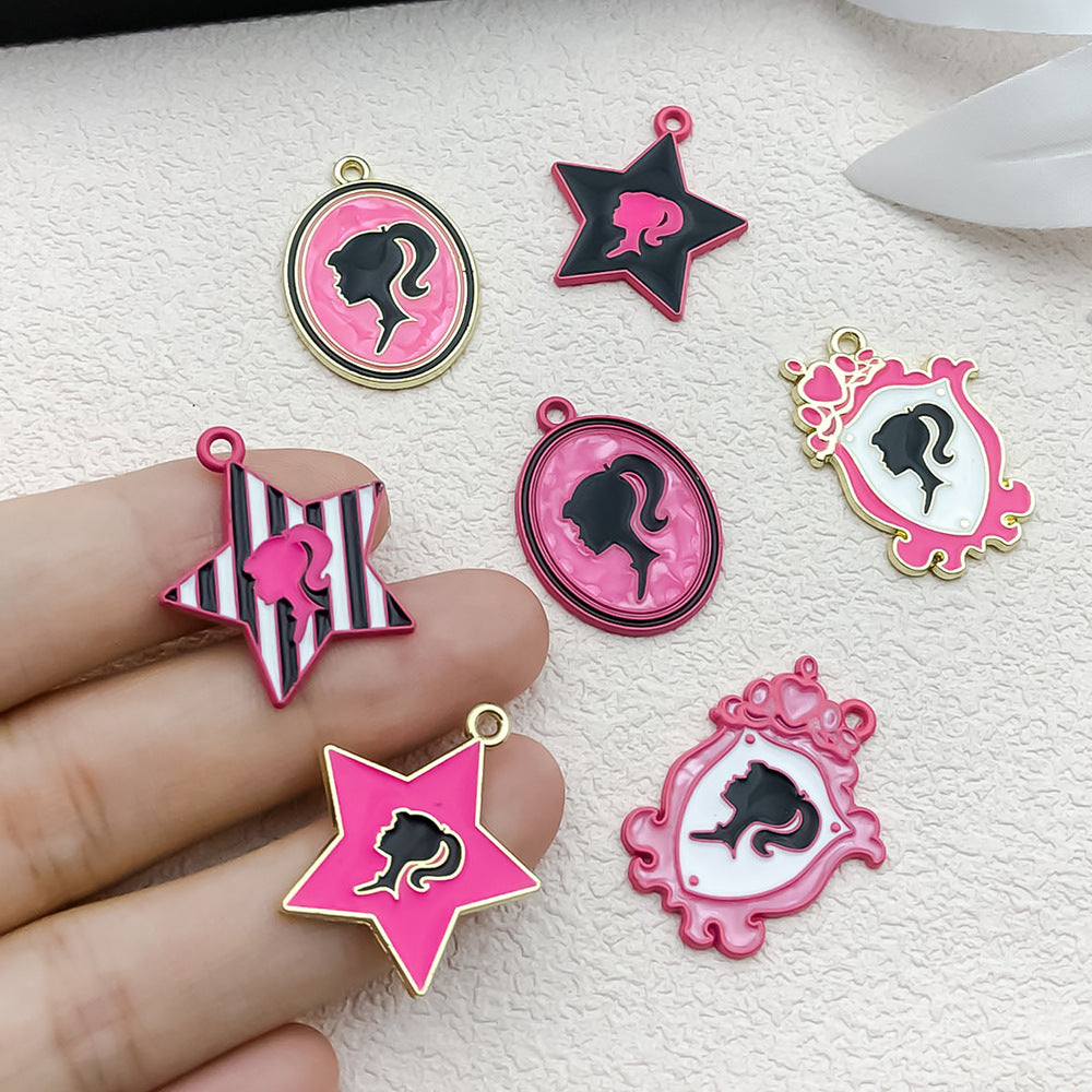 Pink Enamel Zinc Alloy Barbie Theme Charm Pendant for DIY Keychain Earrings Bracelet