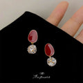 Gold-Tone Red Oval Stud Clear Faceted Crystal Ball Drops view 4