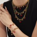 Red Cherry Crystal Charm Necklace and Bracelet in Gold Tone view 1