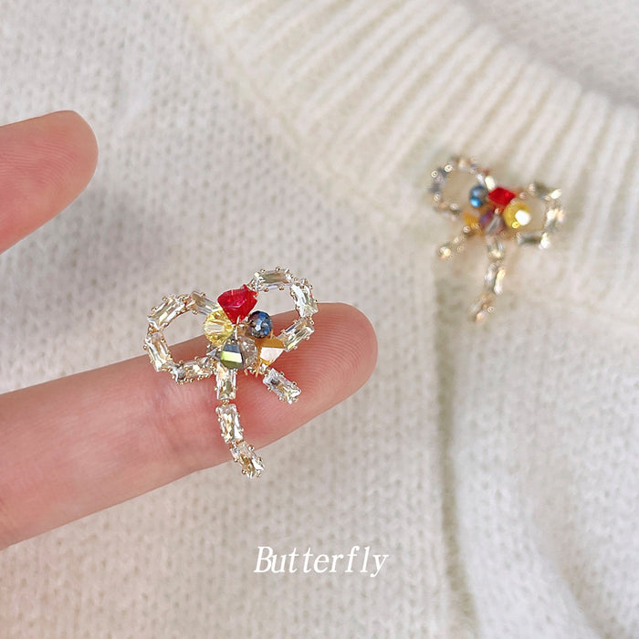 Gold Tone Crystal Pave Bow Studs Multicolor Center Stones
