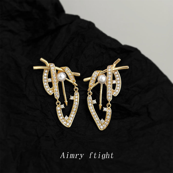 Gold and Silver Geometric Pearl Pave Abstract Drop Earrings