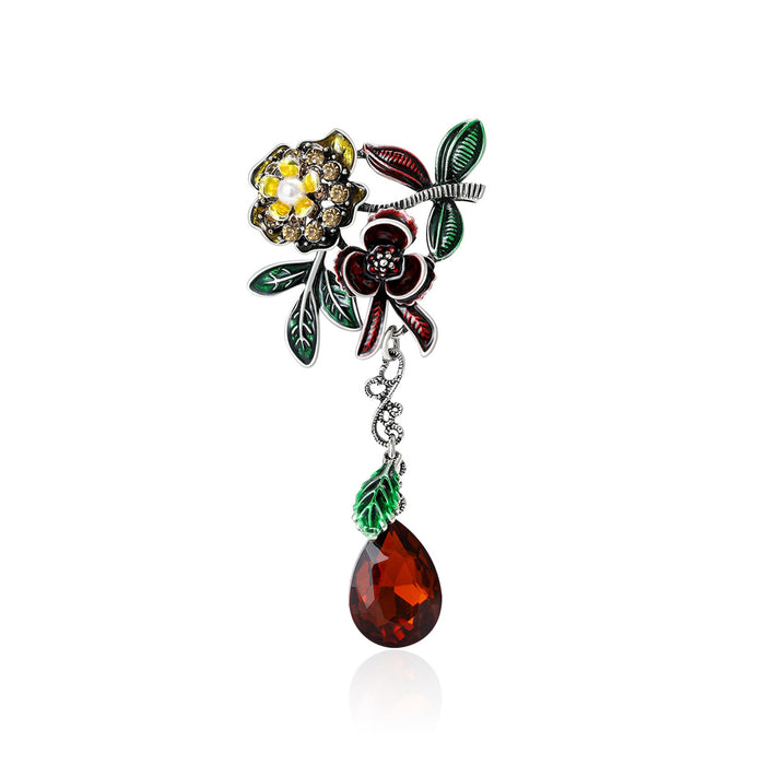 Silver Enamel Flower Branch Brooch Amber Teardrop Crystal
