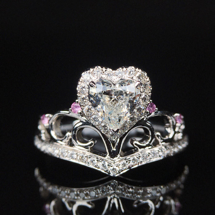Silver Tone Heart Crown Ring With Pink Accent Stones