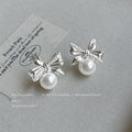 Sculpted Bow Stud Earrings in Silver-Plated Copper, Pearl Drop view 1
