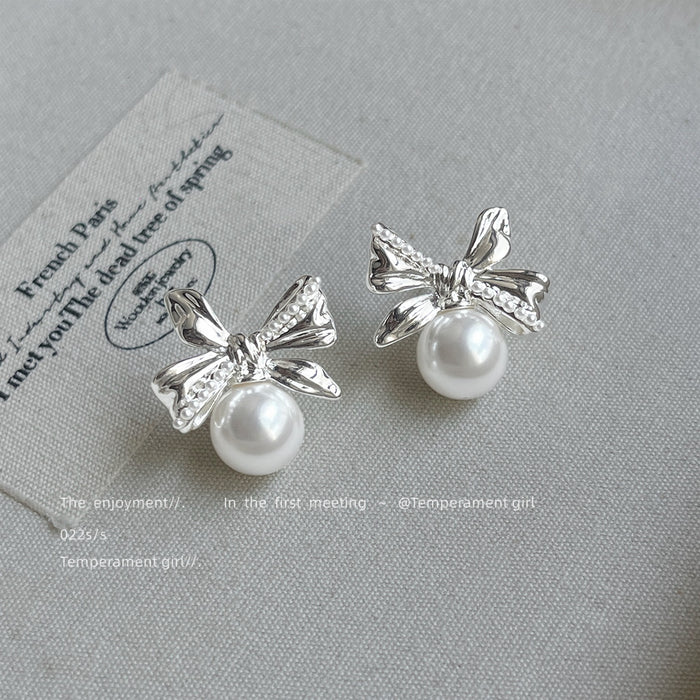 Sculpted Bow Stud Earrings in Silver-Plated Copper, Pearl Drop