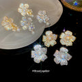 Gold Tone Crystal Flower Pearl Tassel Stud Earrings view 2