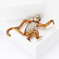 Brown Enamel Long Tail Monkey Brooch With Clear Crystals view 2