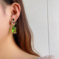 Floral Crystal Rectangle Drop Earrings in Red and Green view 4