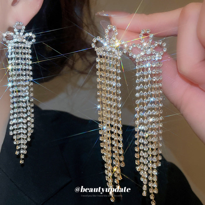 Crystal Crown Waterfall Tassel Stud Earrings Decorative Jewelry