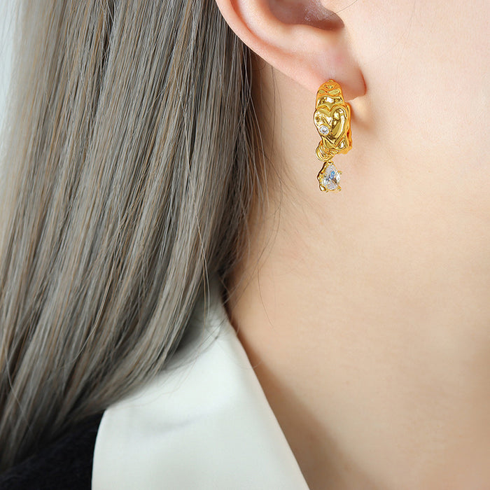 Heart Embossed C-Hoop Earrings Crystal Teardrop Dangle