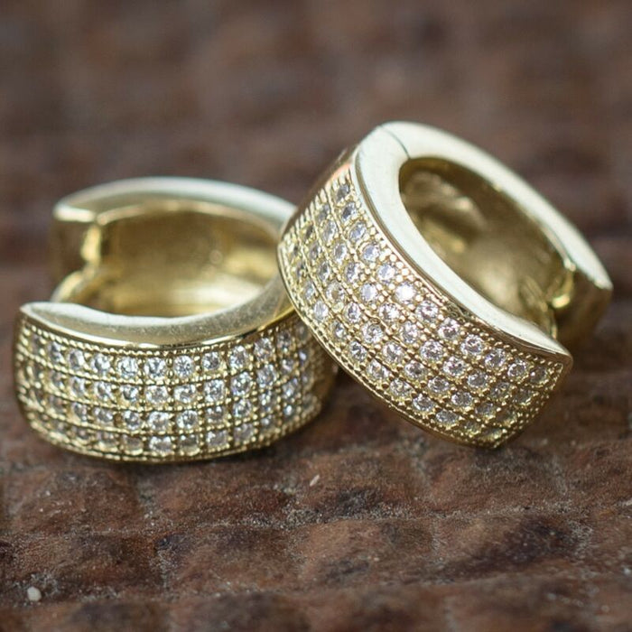 Four Row Pave CZ Huggie Hoop Earrings Gold and Silver Tone