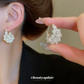 Pearl Openwork Basket Hoop Earrings in Silver Tone view 1