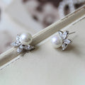 Silver Pearl Flower Stud Earrings Marquise CZ Leaves view 3