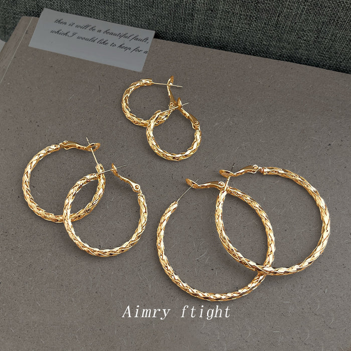 Polished Gold Braided Twisted Texture Circle Hoop Earrings