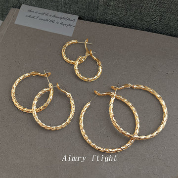 Polished Gold Twisted Braid Round Hoop Earrings Pair