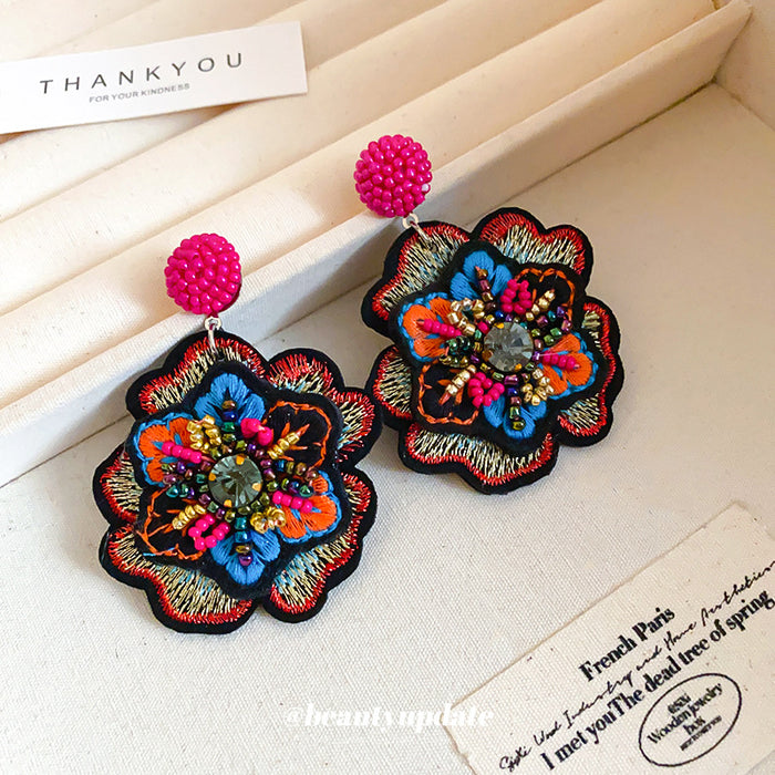 Colorful Embroidered Floral Statement Drop Earrings