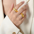 Open Cuff Buckle Ring Grooved Band Gold Or Steel Tone view 1